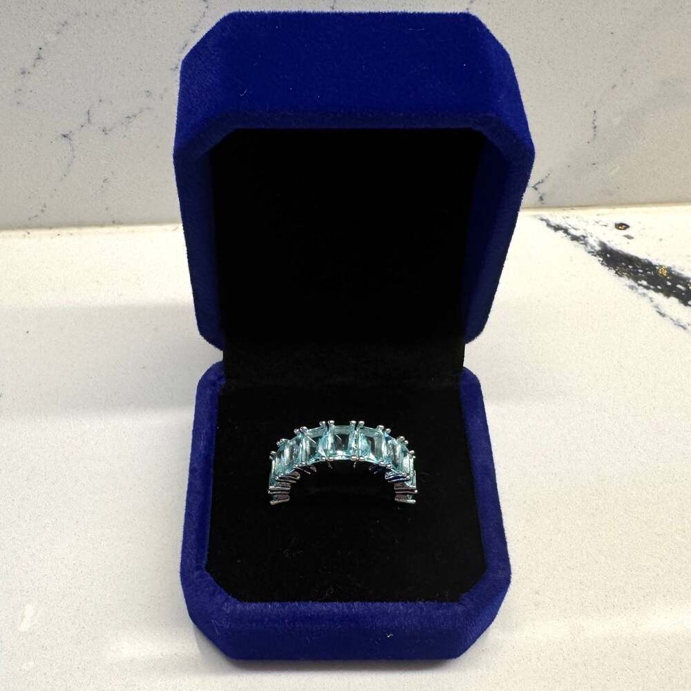 Aqua Blue Emerald Cut 7 Stone Anniversary Statement Ring Size 6.5 NWOT
